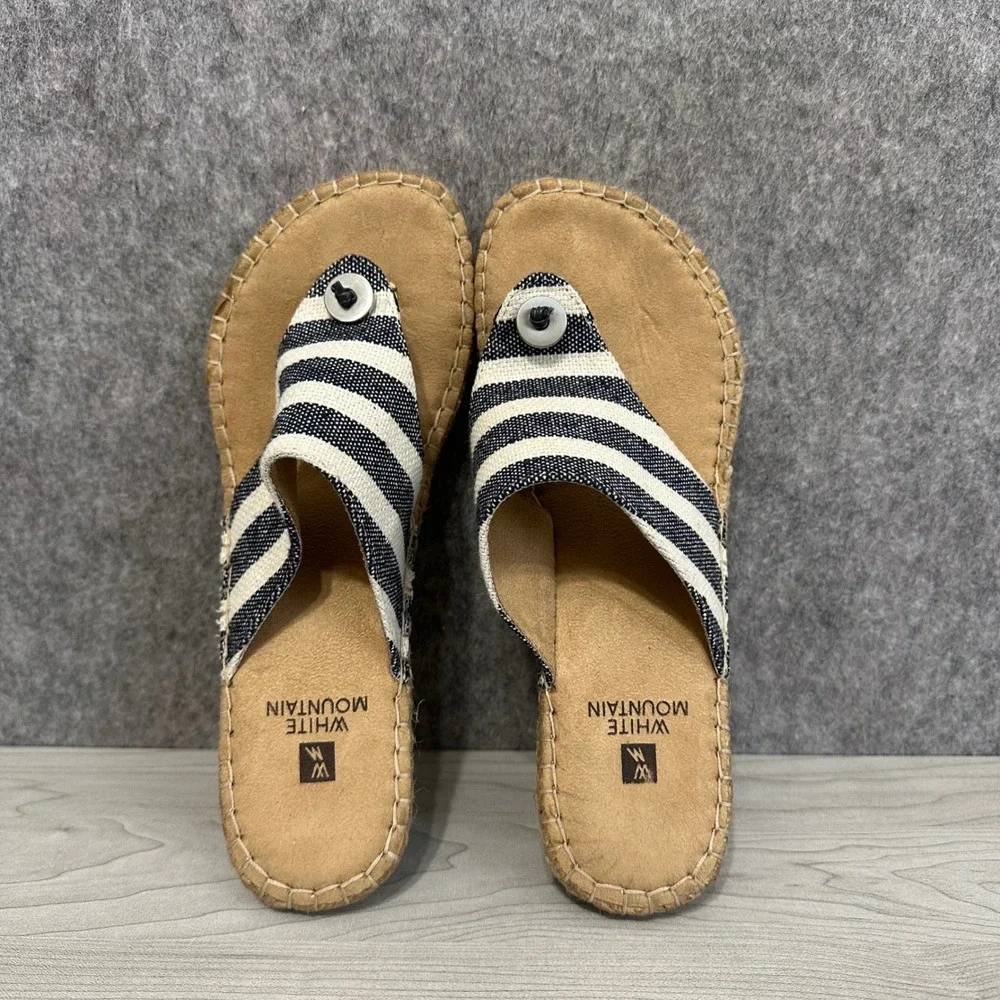 White Mountain Beachball Espadrille‎ Wedge Sandals Womens 7.5 Navy White Striped